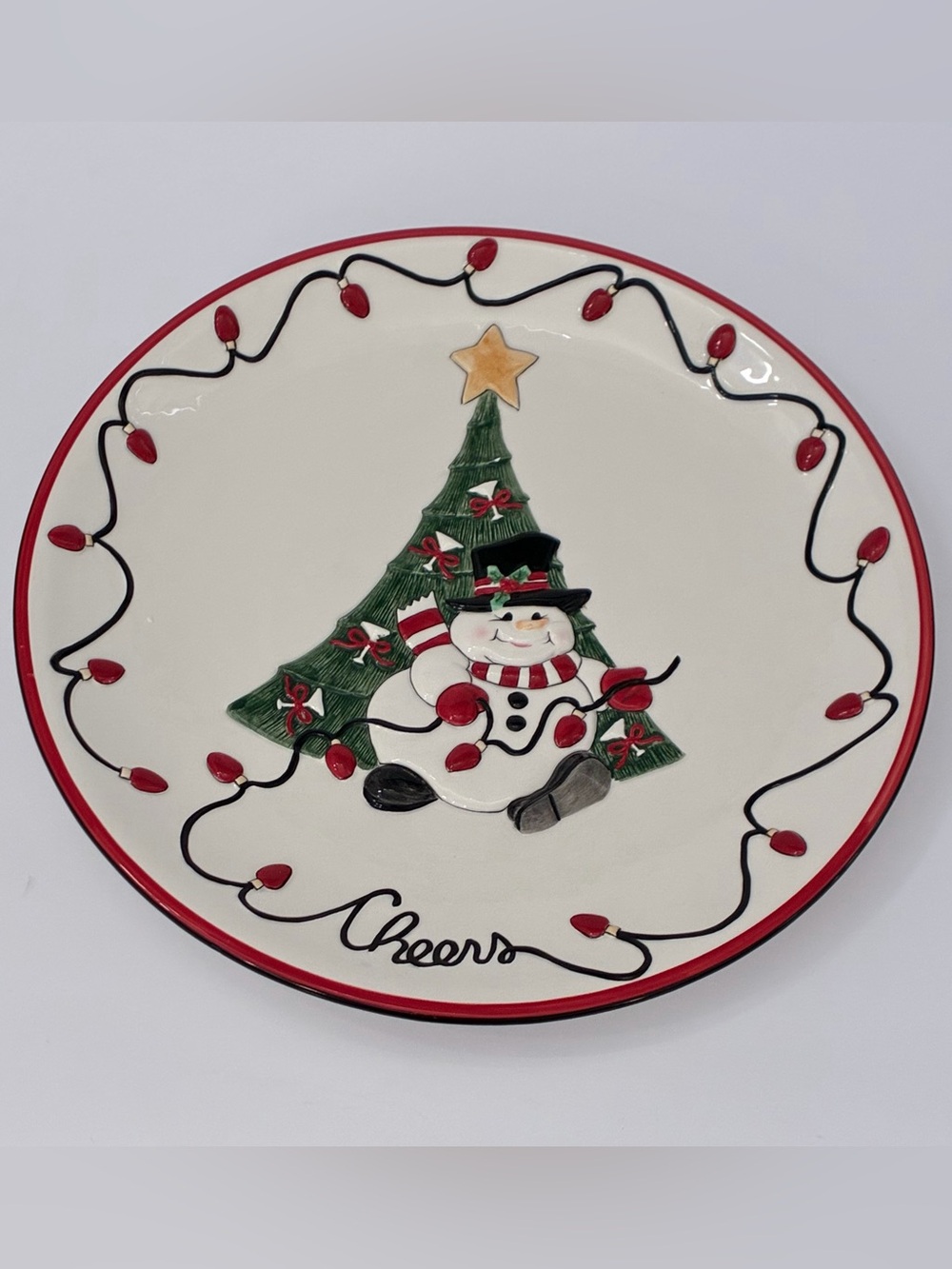 Fitz and Floyd “Cheers” 12” Ceramic Snowman Plate Christmas Tree String Lights